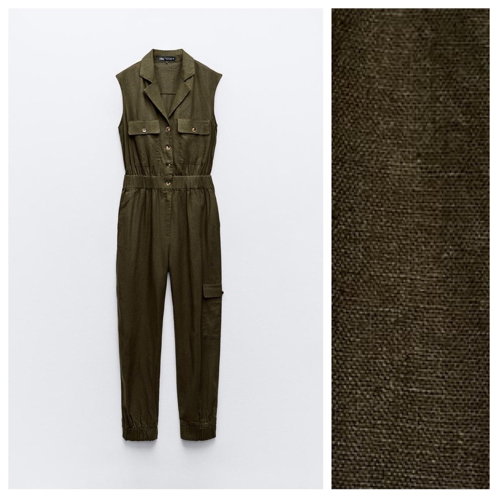 NWT. Zara Dark Khaki Linen Blend Sleeveless Jumpsuit. Size M. - Picture 4 of 11